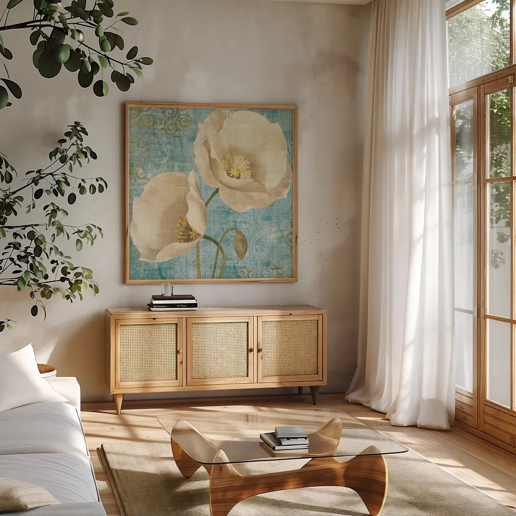 Rich Poppies on Paisley by Albena Hristova. Shown in a natural wood frame in a cozy modern living room. Available as an archival giclee rolled canvas, fine art paper, or poster print. SKU 11419a.