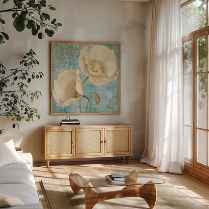 Rich Poppies on Paisley by Albena Hristova. Shown in a natural wood frame in a cozy modern living room. Available as an archival giclee rolled canvas, fine art paper, or poster print. SKU 11419a.