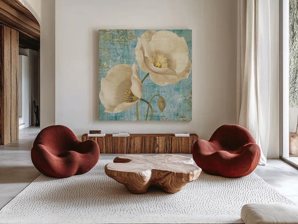 Rich Poppies on Paisley by Albena Hristova. Shown as extra-large giant wall art in a modern living room. Available as an archival giclee rolled canvas, fine art paper, or poster print. SKU 11419a.