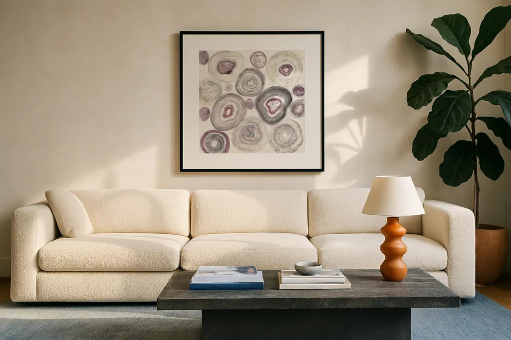 Rings of Power by Albena Hristova. Displayed in a glass frame with matte in a clean modern living room. Available as an archival giclee rolled canvas, fine art paper, or poster print. SKU 33942a.