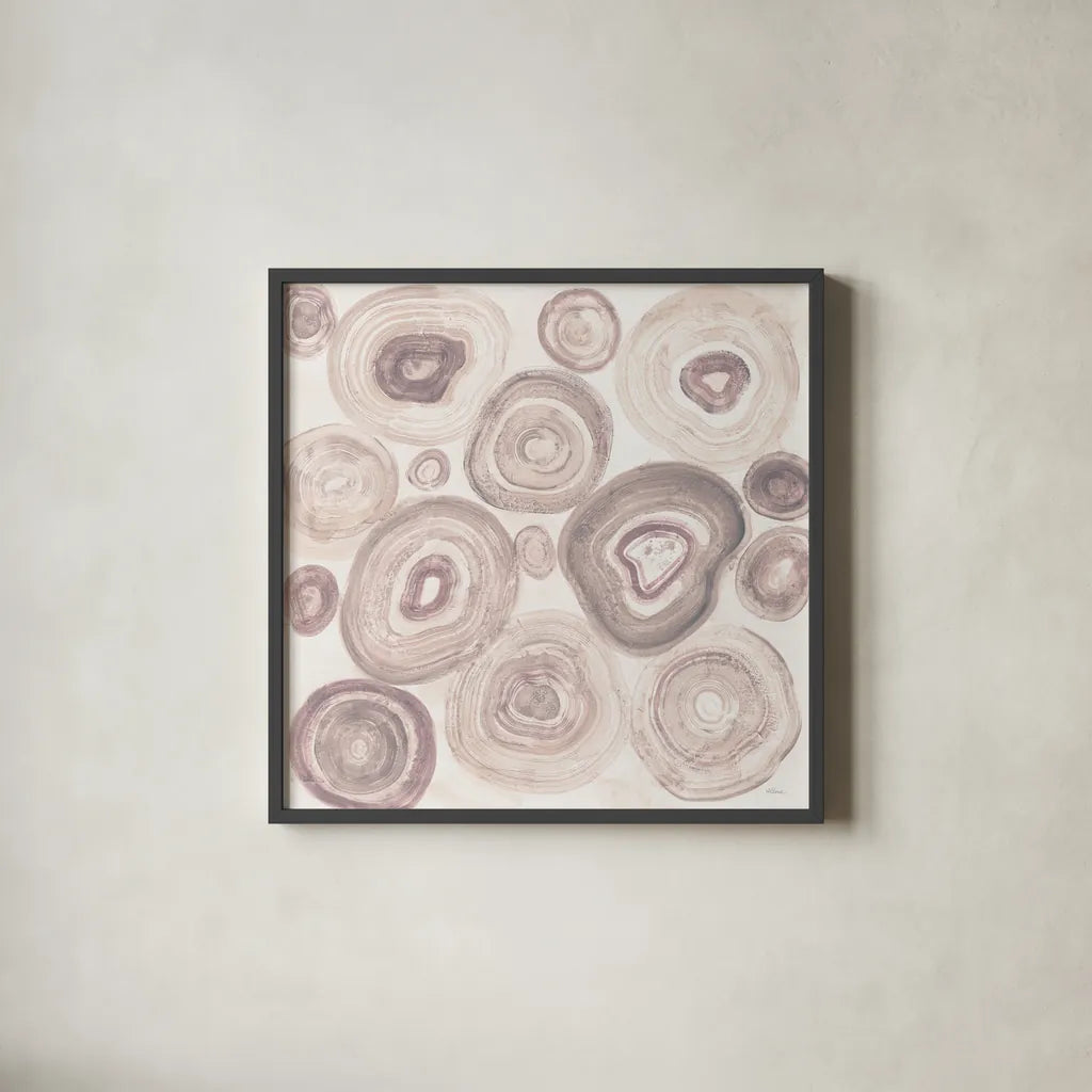 Rings of Power Blush by Albena Hristova. Shown in a sleek black glass frame for a contemporary gallery look. Available as an archival giclee rolled canvas, fine art paper, or poster print. SKU 82356a.