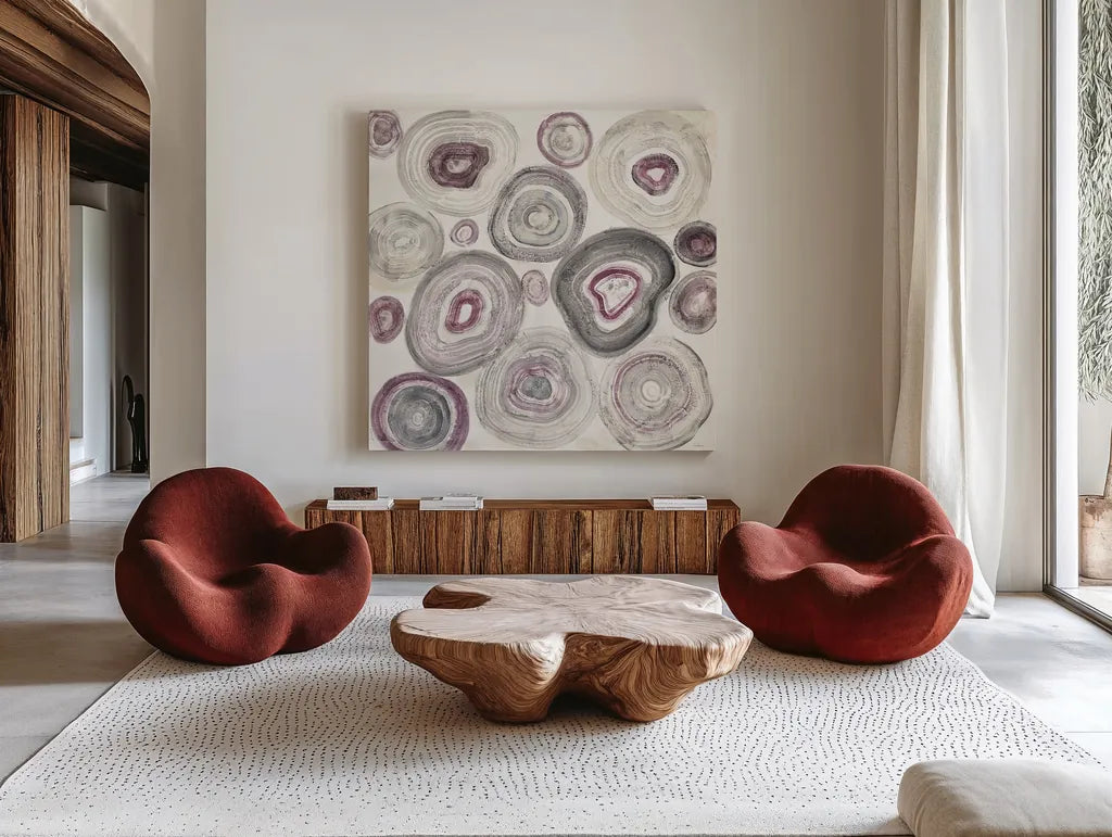 Rings of Power v2 by Albena Hristova. Shown as extra-large giant wall art in a modern living room. Available as an archival giclee rolled canvas, fine art paper, or poster print. SKU 34498a.