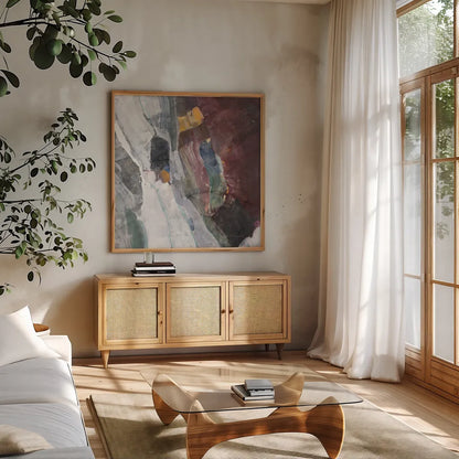 Rocky Ravine by Albena Hristova. Shown in a natural wood frame in a cozy modern living room. Available as an archival giclee rolled canvas, fine art paper, or poster print. SKU 73653a.