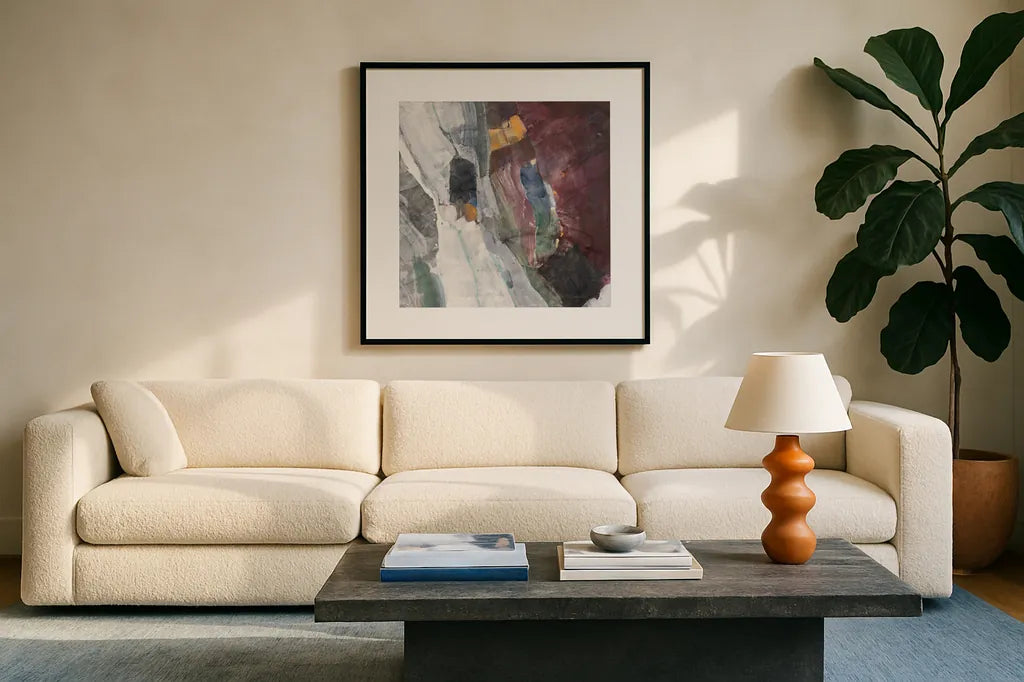 Rocky Ravine by Albena Hristova. Displayed in a glass frame with matte in a clean modern living room. Available as an archival giclee rolled canvas, fine art paper, or poster print. SKU 73653a.