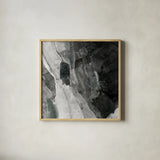 Rocky Ravine BW by Albena Hristova. Shown in a natural wood glass frame for a timeless modern aesthetic. Available as an archival giclee rolled canvas, fine art paper, or poster print. SKU 77776a.