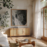 Rocky Ravine BW by Albena Hristova. Shown in a natural wood frame in a cozy modern living room. Available as an archival giclee rolled canvas, fine art paper, or poster print. SKU 77776a.