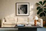 Rocky Ravine BW by Albena Hristova. Displayed in a glass frame with matte in a clean modern living room. Available as an archival giclee rolled canvas, fine art paper, or poster print. SKU 77776a.