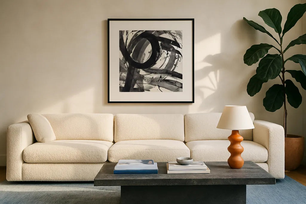 Roller Coaster II on White by Albena Hristova. Displayed in a glass frame with matte in a clean modern living room. Available as an archival giclee rolled canvas, fine art paper, or poster print. SKU 21907a.