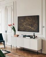 Romantic Lines by Albena Hristova. shown as a framed stretched canvas in a living room above a console. Available as a archival giclee rolled canvas, fine art paper, or poster print. SKU 31270i.