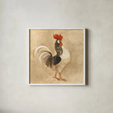 Rooster I by Albena Hristova. Shown in a crisp white glass frame for a clean and minimalist style. Available as an archival giclee rolled canvas, fine art paper, or poster print. SKU 54427a.