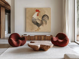 Rooster II by Albena Hristova. Shown as extra-large giant wall art in a modern living room. Available as an archival giclee rolled canvas, fine art paper, or poster print. SKU 54428a.