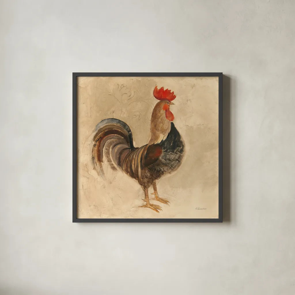 Rooster III by Albena Hristova. Shown in a sleek black glass frame for a contemporary gallery look. Available as an archival giclee rolled canvas, fine art paper, or poster print. SKU 54429a.