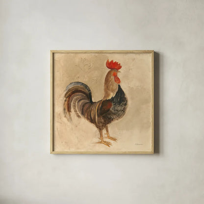 Rooster III by Albena Hristova. Shown in a natural wood glass frame for a timeless modern aesthetic. Available as an archival giclee rolled canvas, fine art paper, or poster print. SKU 54429a.