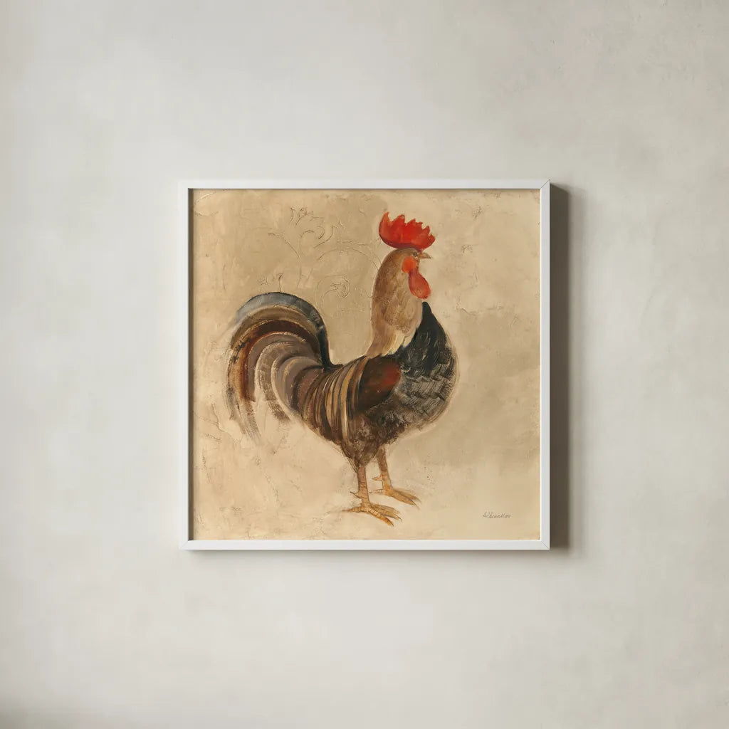 Rooster III by Albena Hristova. Shown in a crisp white glass frame for a clean and minimalist style. Available as an archival giclee rolled canvas, fine art paper, or poster print. SKU 54429a.