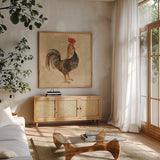 Rooster III by Albena Hristova. Shown in a natural wood frame in a cozy modern living room. Available as an archival giclee rolled canvas, fine art paper, or poster print. SKU 54429a.