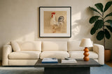 Rooster IV by Albena Hristova. Displayed in a glass frame with matte in a clean modern living room. Available as an archival giclee rolled canvas, fine art paper, or poster print. SKU 54430a.