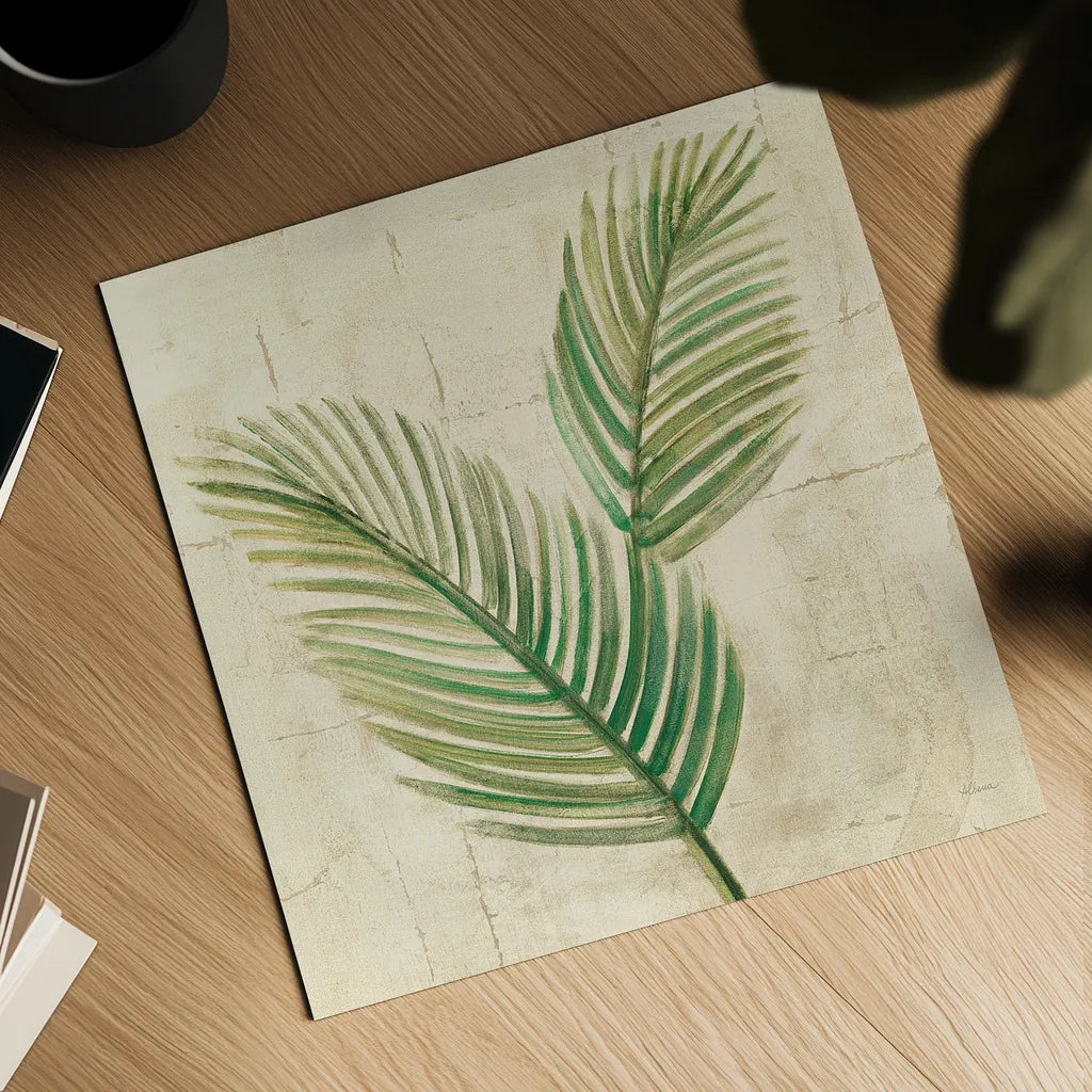 Sago Palm Leaves Neutral Crop by Albena Hristova. Shown as a detailed flat fine art print, highlighting archival giclee quality. Available as an archival giclee rolled canvas, fine art paper, or poster print. SKU 24273a.