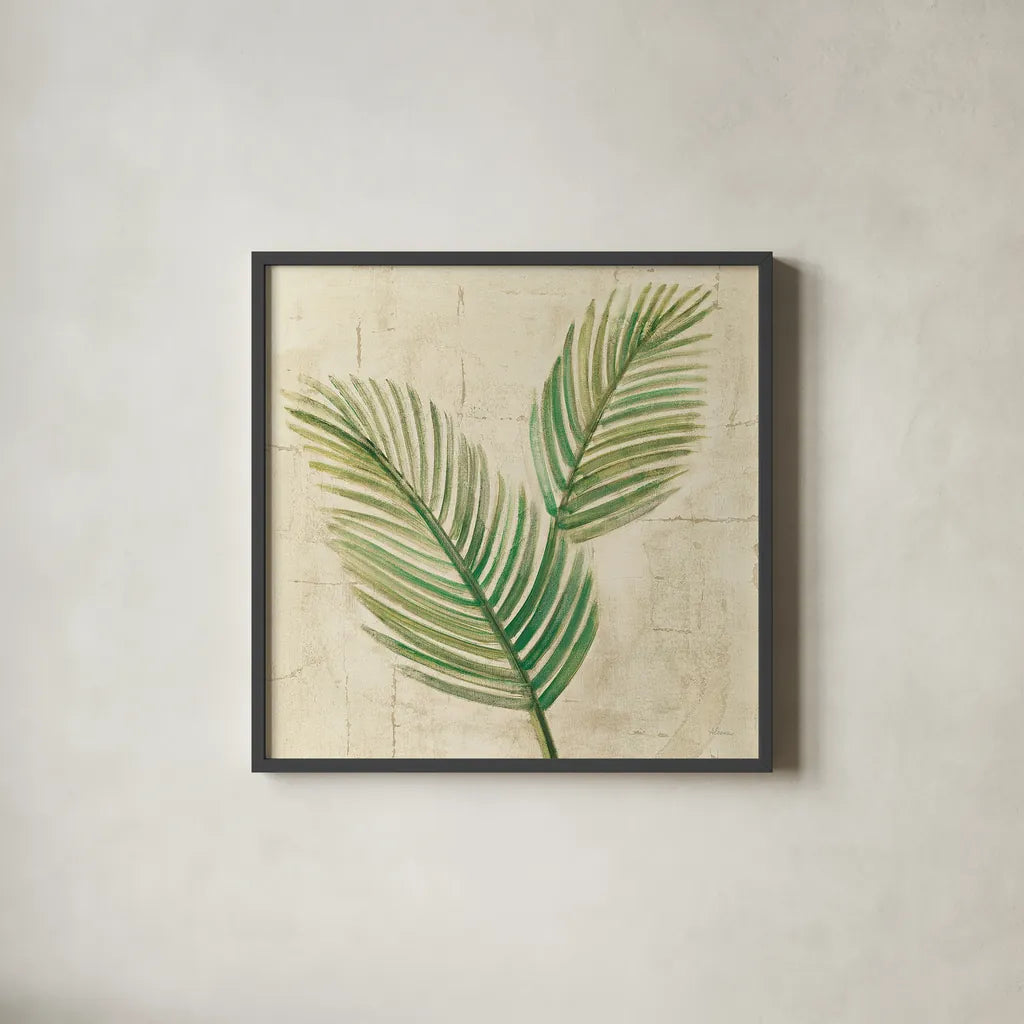 Sago Palm Leaves Neutral Crop by Albena Hristova. Shown in a sleek black glass frame for a contemporary gallery look. Available as an archival giclee rolled canvas, fine art paper, or poster print. SKU 24273a.
