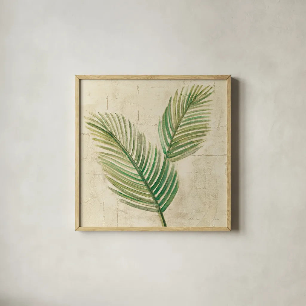 Sago Palm Leaves Neutral Crop by Albena Hristova. Shown in a natural wood glass frame for a timeless modern aesthetic. Available as an archival giclee rolled canvas, fine art paper, or poster print. SKU 24273a.