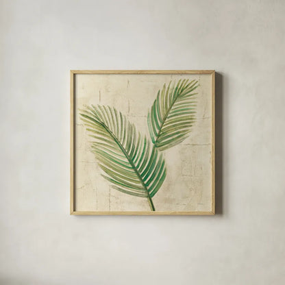 Sago Palm Leaves Neutral Crop by Albena Hristova. Shown in a natural wood glass frame for a timeless modern aesthetic. Available as an archival giclee rolled canvas, fine art paper, or poster print. SKU 24273a.