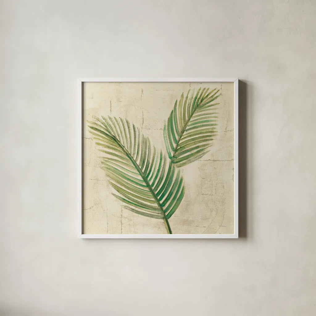 Sago Palm Leaves Neutral Crop by Albena Hristova. Shown in a crisp white glass frame for a clean and minimalist style. Available as an archival giclee rolled canvas, fine art paper, or poster print. SKU 24273a.