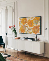 Samba on White by Albena Hristova. shown as a framed stretched canvas in a living room above a console. Available as a archival giclee rolled canvas, fine art paper, or poster print. SKU 23461i.