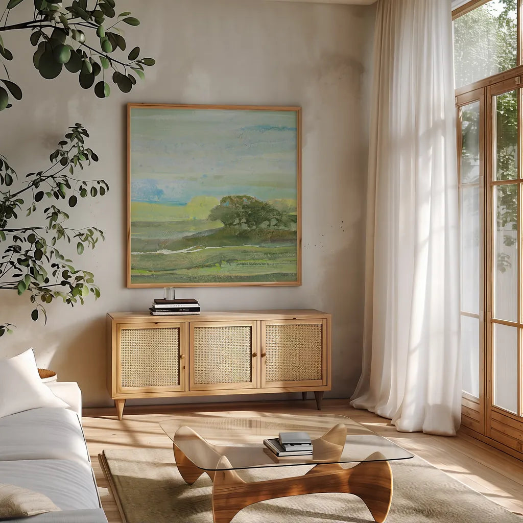 Savannah by Albena Hristova. Shown in a natural wood frame in a cozy modern living room. Available as an archival giclee rolled canvas, fine art paper, or poster print. SKU 20042a.