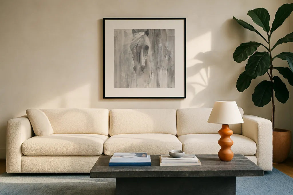 Shadow Gray by Albena Hristova. Displayed in a glass frame with matte in a clean modern living room. Available as an archival giclee rolled canvas, fine art paper, or poster print. SKU 33616a.