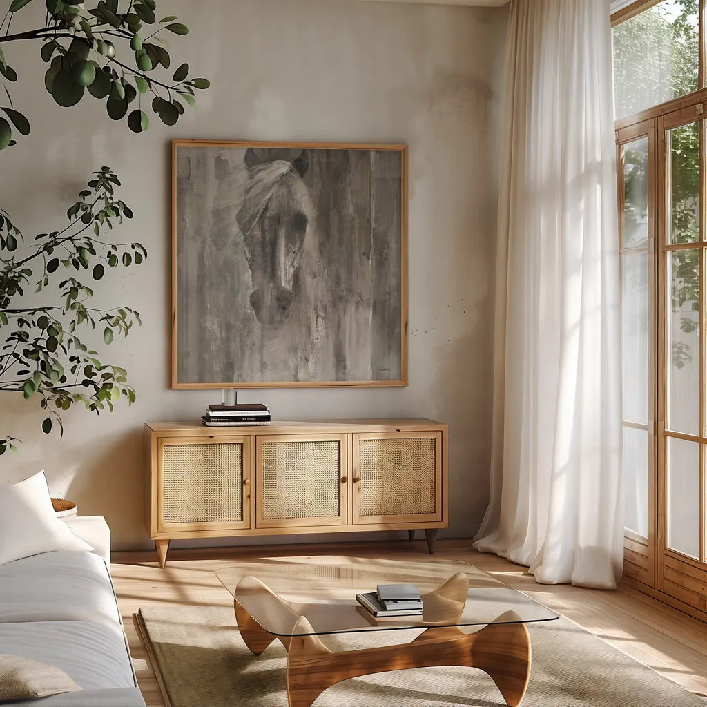 Shadow Light by Albena Hristova. Shown in a natural wood frame in a cozy modern living room. Available as an archival giclee rolled canvas, fine art paper, or poster print. SKU 20560a.