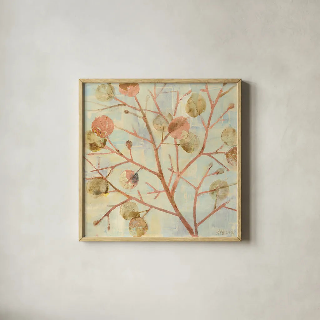 Shimmering II by Albena Hristova. Shown in a natural wood glass frame for a timeless modern aesthetic. Available as an archival giclee rolled canvas, fine art paper, or poster print. SKU 22188a.