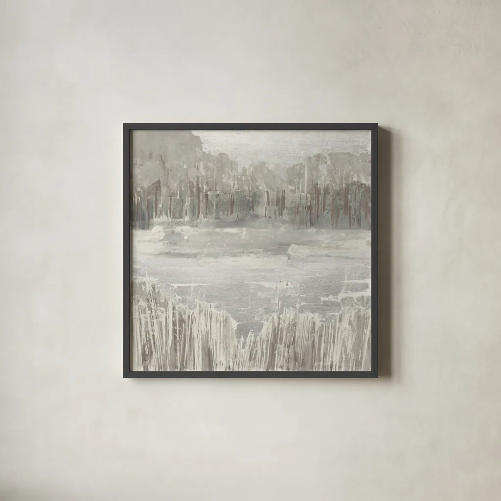 Silver Landscape Neutral by Albena Hristova. Shown in a sleek black glass frame for a contemporary gallery look. Available as an archival giclee rolled canvas, fine art paper, or poster print. SKU 60557a.