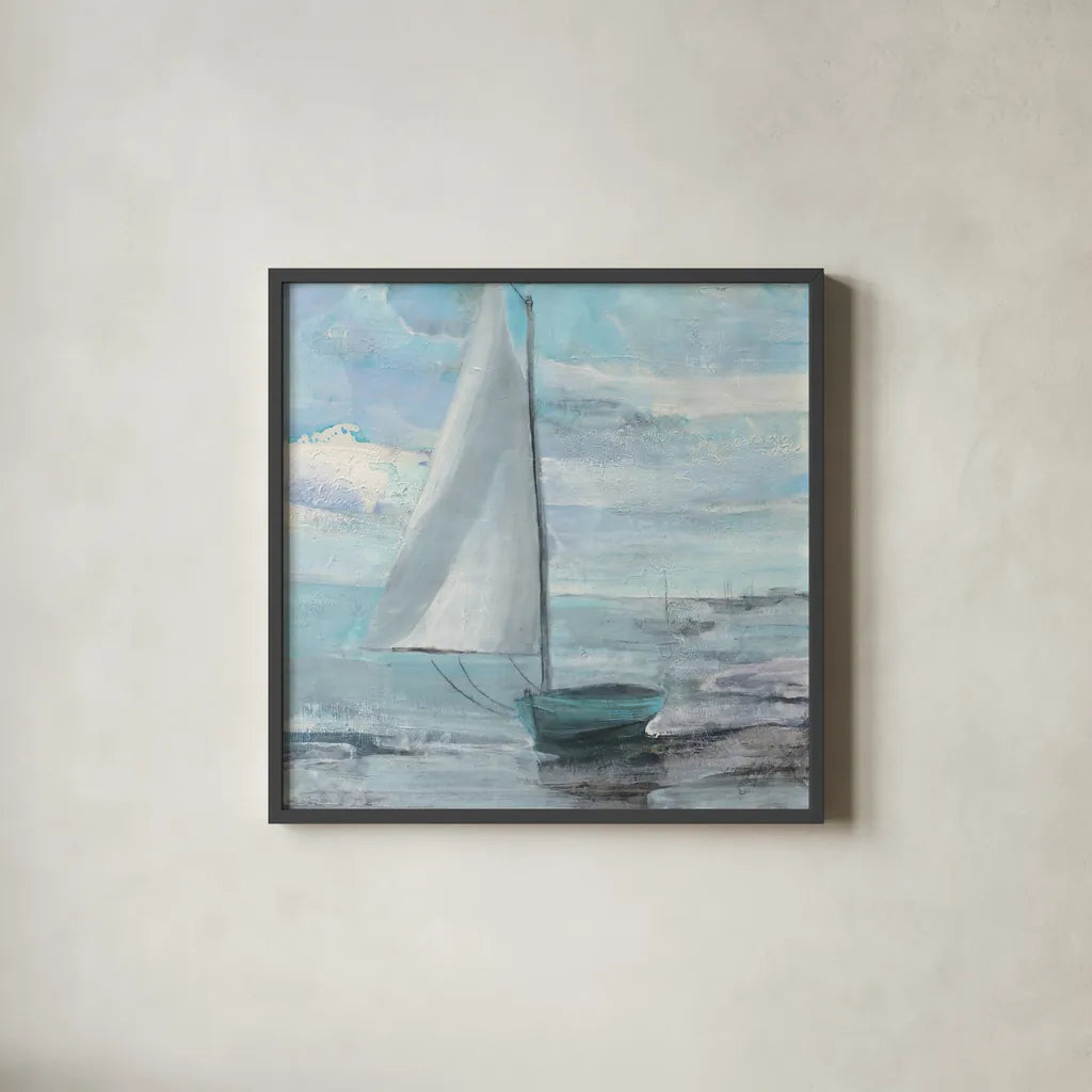 Silver Sail by Albena Hristova. Shown in a sleek black glass frame for a contemporary gallery look. Available as an archival giclee rolled canvas, fine art paper, or poster print. SKU 58784a.