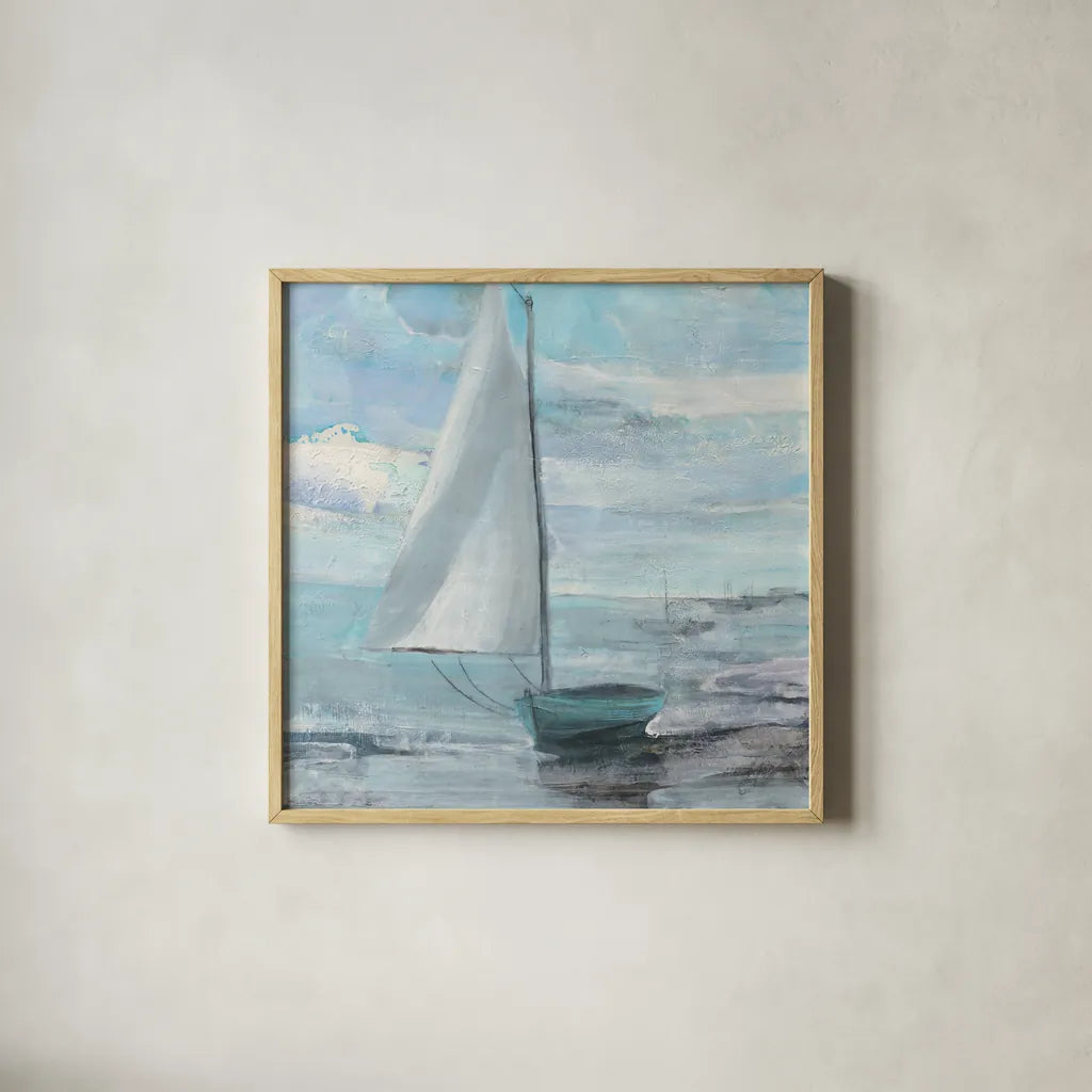 Silver Sail by Albena Hristova. Shown in a natural wood glass frame for a timeless modern aesthetic. Available as an archival giclee rolled canvas, fine art paper, or poster print. SKU 58784a.