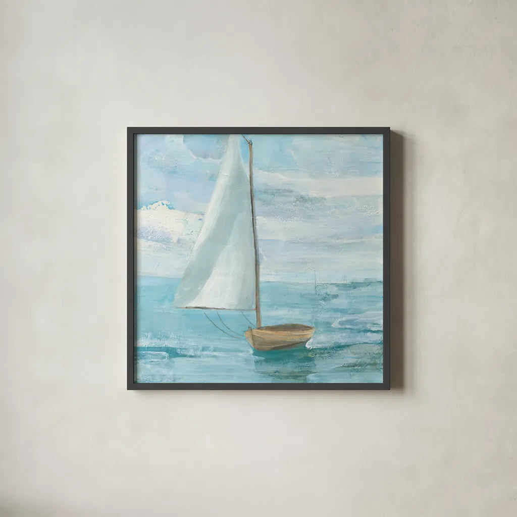 Silver Sail Bright by Albena Hristova. Shown in a sleek black glass frame for a contemporary gallery look. Available as an archival giclee rolled canvas, fine art paper, or poster print. SKU 61554a.