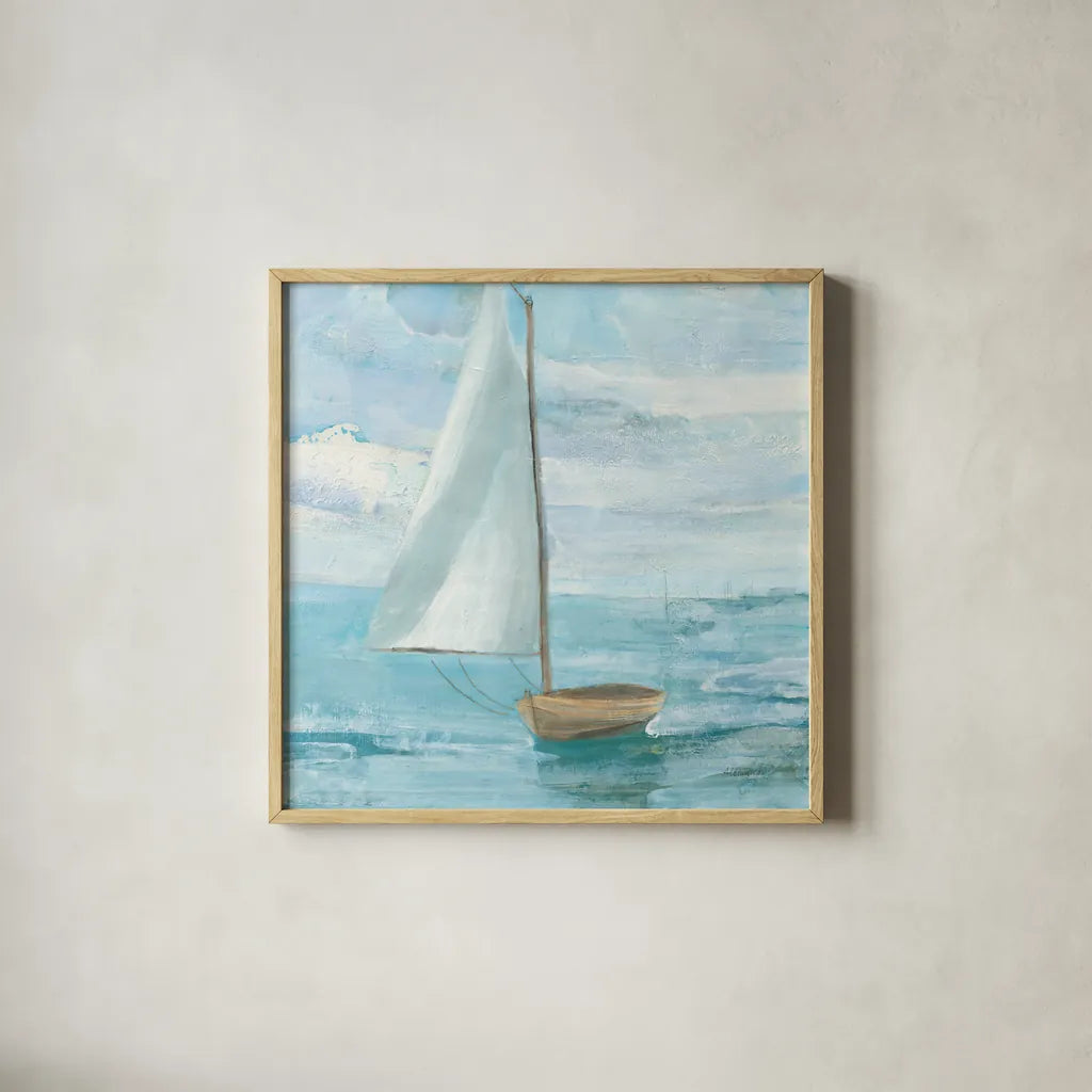 Silver Sail Bright by Albena Hristova. Shown in a natural wood glass frame for a timeless modern aesthetic. Available as an archival giclee rolled canvas, fine art paper, or poster print. SKU 61554a.