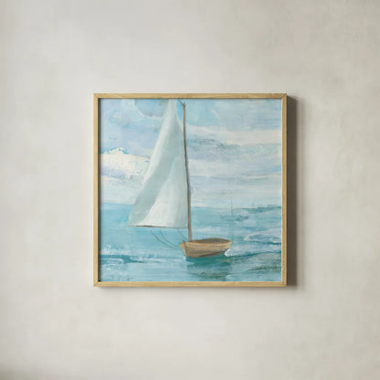 Silver Sail Bright by Albena Hristova. Shown in a natural wood glass frame for a timeless modern aesthetic. Available as an archival giclee rolled canvas, fine art paper, or poster print. SKU 61554a.