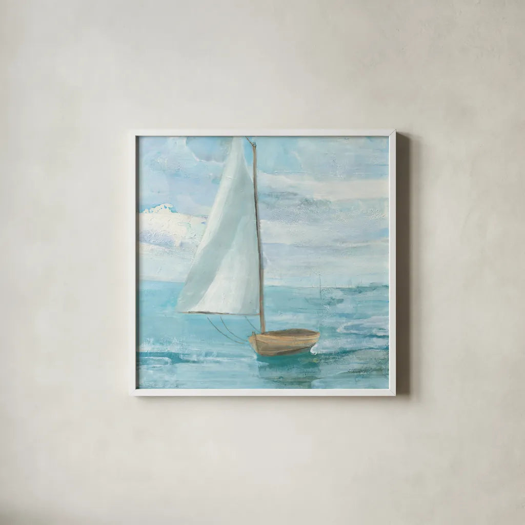 Silver Sail Bright by Albena Hristova. Shown in a crisp white glass frame for a clean and minimalist style. Available as an archival giclee rolled canvas, fine art paper, or poster print. SKU 61554a.