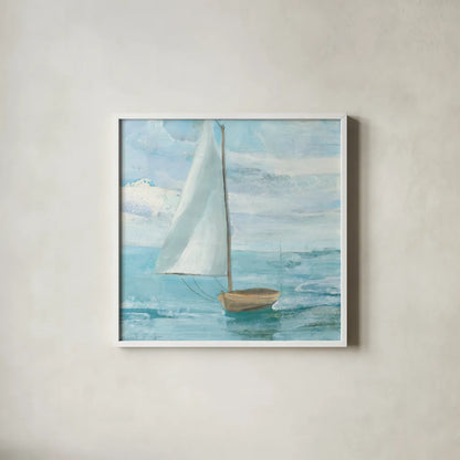 Silver Sail Bright by Albena Hristova. Shown in a crisp white glass frame for a clean and minimalist style. Available as an archival giclee rolled canvas, fine art paper, or poster print. SKU 61554a.