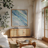 Silver Spring I by Albena Hristova. Shown in a natural wood frame in a cozy modern living room. Available as an archival giclee rolled canvas, fine art paper, or poster print. SKU 43028a.