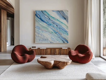 Silver Spring I by Albena Hristova. Shown as extra-large giant wall art in a modern living room. Available as an archival giclee rolled canvas, fine art paper, or poster print. SKU 43028a.