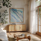 Silver Spring II by Albena Hristova. Shown in a natural wood frame in a cozy modern living room. Available as an archival giclee rolled canvas, fine art paper, or poster print. SKU 43029a.