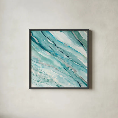 Silver Springs I Blue Green by Albena Hristova. Shown in a sleek black glass frame for a contemporary gallery look. Available as an archival giclee rolled canvas, fine art paper, or poster print. SKU 44871a.