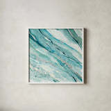 Silver Springs I Blue Green by Albena Hristova. Shown in a crisp white glass frame for a clean and minimalist style. Available as an archival giclee rolled canvas, fine art paper, or poster print. SKU 44871a.