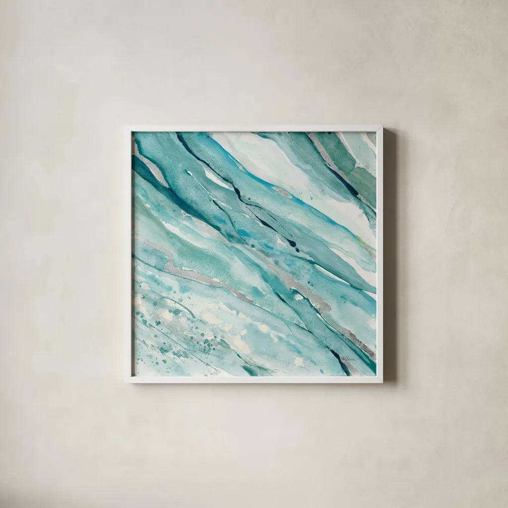 Silver Springs I Blue Green by Albena Hristova. Shown in a crisp white glass frame for a clean and minimalist style. Available as an archival giclee rolled canvas, fine art paper, or poster print. SKU 44871a.