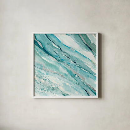 Silver Springs I Blue Green by Albena Hristova. Shown in a crisp white glass frame for a clean and minimalist style. Available as an archival giclee rolled canvas, fine art paper, or poster print. SKU 44871a.