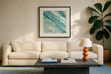 Silver Springs I Blue Green by Albena Hristova. Displayed in a glass frame with matte in a clean modern living room. Available as an archival giclee rolled canvas, fine art paper, or poster print. SKU 44871a.