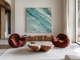 Silver Springs I Blue Green by Albena Hristova. Shown as extra-large giant wall art in a modern living room. Available as an archival giclee rolled canvas, fine art paper, or poster print. SKU 44871a.