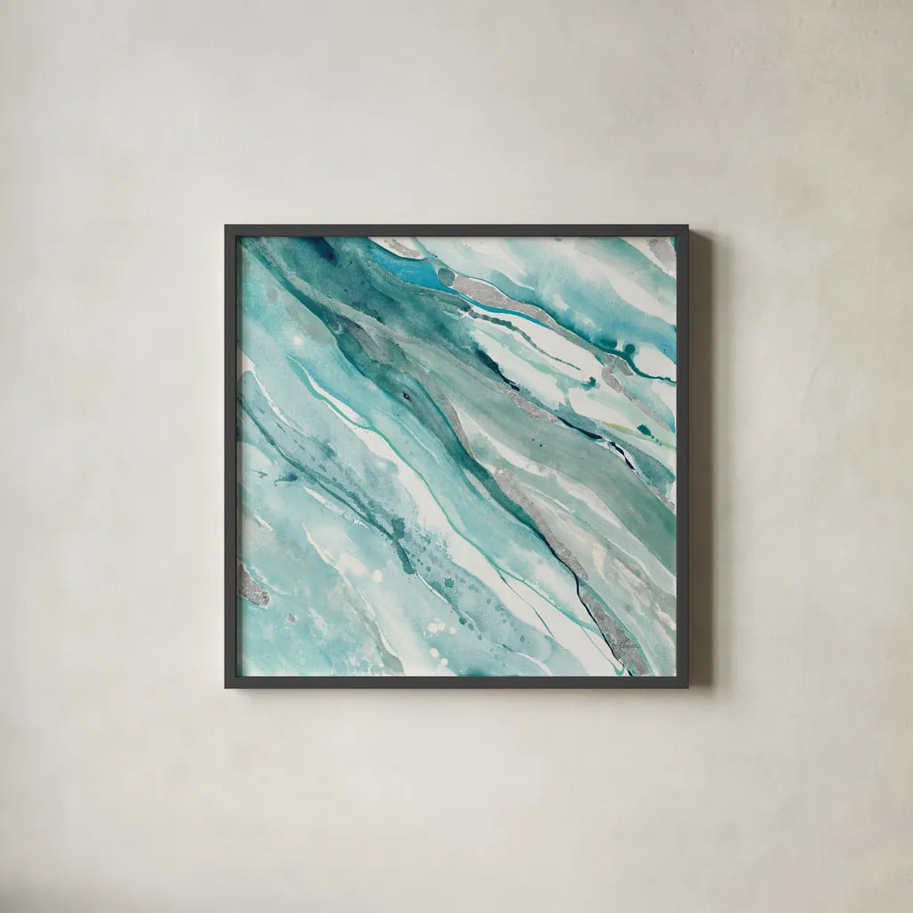 Silver Springs II Blue Green by Albena Hristova. Shown in a sleek black glass frame for a contemporary gallery look. Available as an archival giclee rolled canvas, fine art paper, or poster print. SKU 44872a.