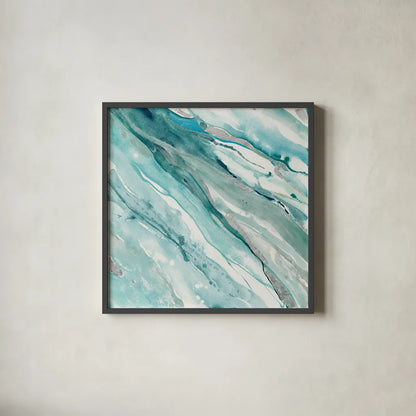 Silver Springs II Blue Green by Albena Hristova. Shown in a sleek black glass frame for a contemporary gallery look. Available as an archival giclee rolled canvas, fine art paper, or poster print. SKU 44872a.