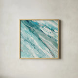 Silver Springs II Blue Green by Albena Hristova. Shown in a natural wood glass frame for a timeless modern aesthetic. Available as an archival giclee rolled canvas, fine art paper, or poster print. SKU 44872a.